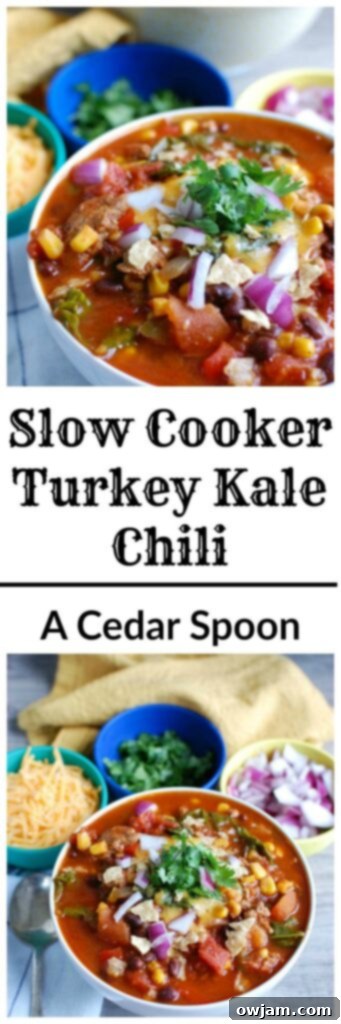 Set-It-and-Forget-It Turkey Kale Chili 7 A tall, narrow image showing a bowl of Slow Cooker Turkey Kale Chili, garnished with fresh ingredients, enticing viewers to try the recipe.