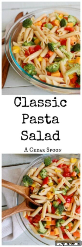 A vibrant collage showcasing the fresh ingredients and final presentation of a delicious Classic Pasta Salad.