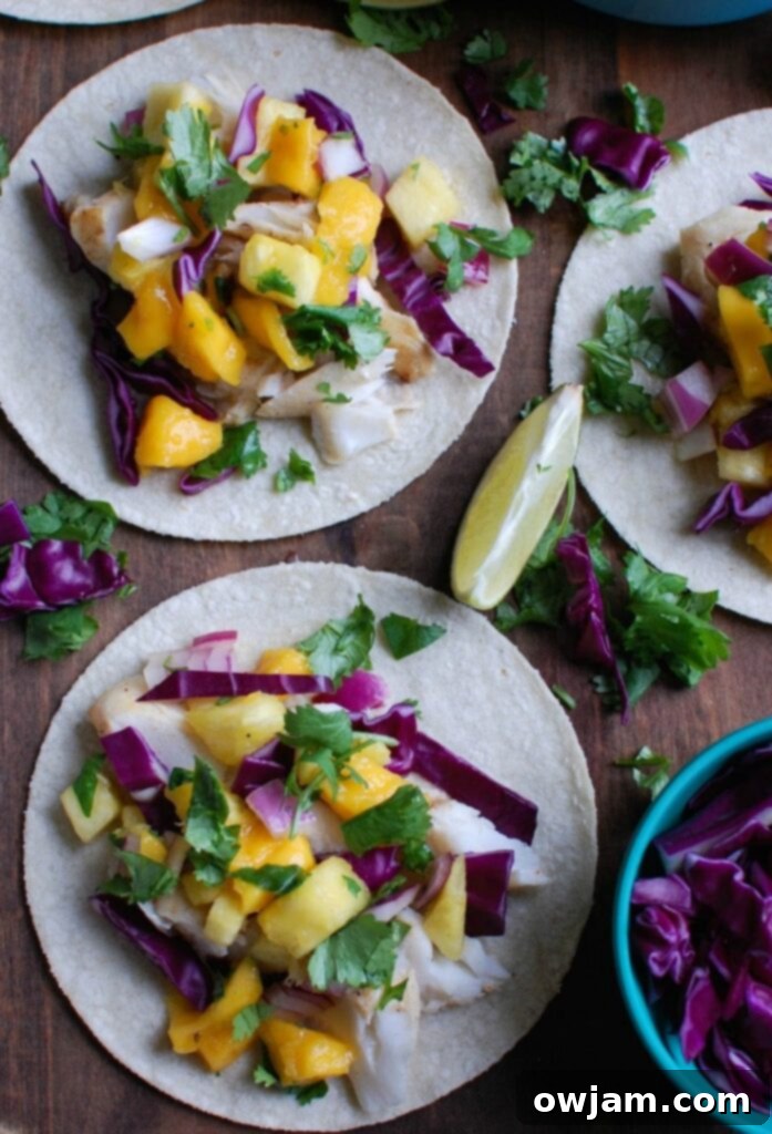 Grilled Fish Tacos: A Tropical Salsa Sensation 6 Grilled Fish Tacos with Tropical Salsa with lime