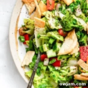 Fattoush Salad, a close-up of the finished dish with pita chips