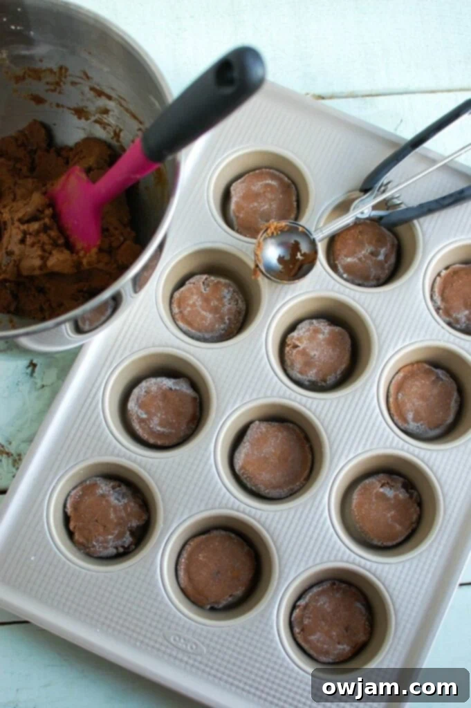Spiced Molasses Ginger Chews 5 Double Ginger Molasses Cookie dough balls coated in sugar, ready for baking in a muffin pan.