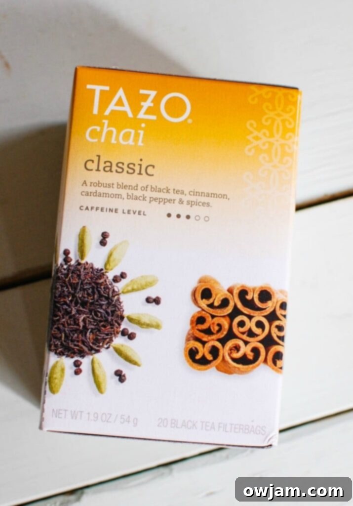 Cozy Spiced Chai Latte 3 Tazo Classic Chai blend tea bags.