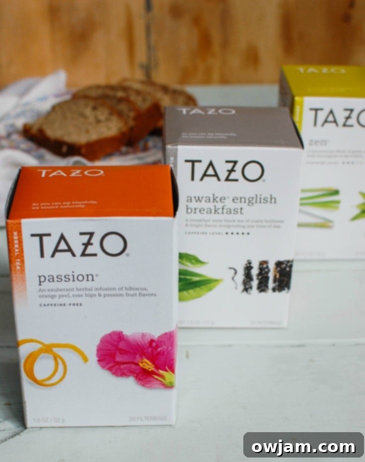 Cozy Spiced Chai Latte 4 Assortment of Tazo tea blends and packaging.