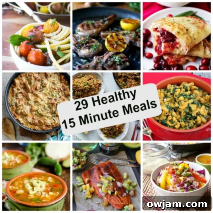 A vibrant collage of various healthy 15-minute meals, showcasing diverse ingredients and quick-cooking dishes like shrimp linguine, fried rice, tacos, and chicken tenders.