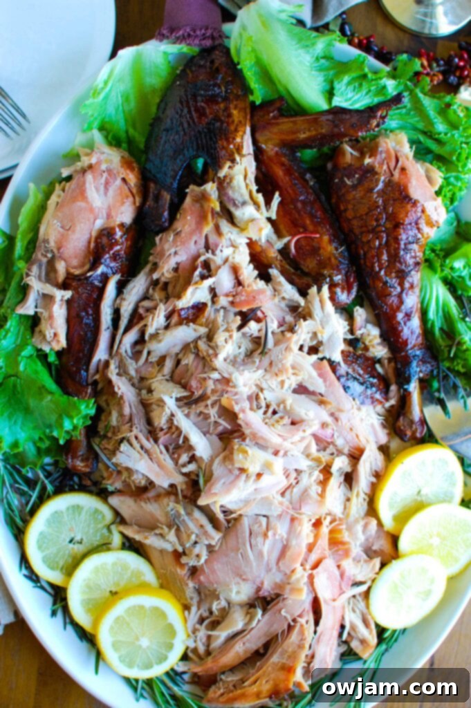 A close-up shot of a smoked turkey breast, showing its golden-brown, crispy skin and the moist, perfectly cooked meat underneath.