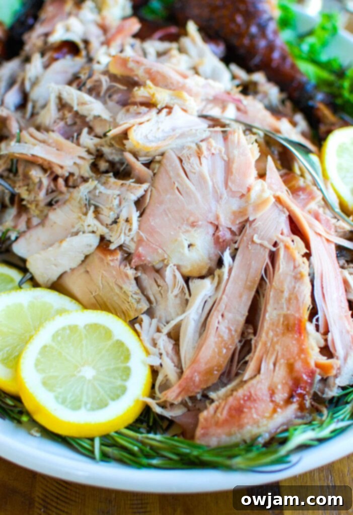 A whole smoked turkey presented on a platter, ready for carving, emphasizing its golden skin and appetizing appearance.