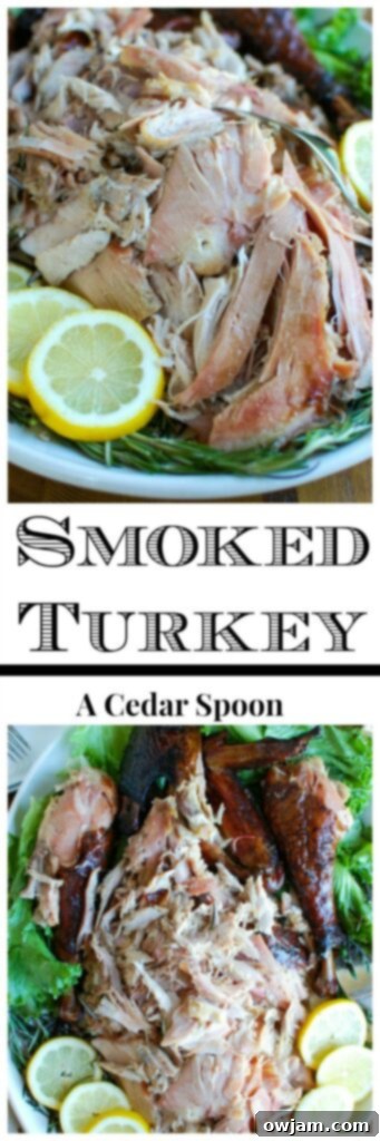 A collage of smoked turkey images, showcasing various angles of the perfectly cooked bird and its preparations.