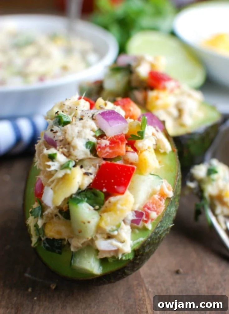 Tropical Tuna Avocado Boats 2 Tropical Tuna Stuffed Avocado is the perfect, quick and healthy lunch at your desk or on-the-go. Fresh mango, cilantro, fresh vegetables and lime juice is mixed with Sold White Albacore Tuna and Greek Yogurt and then stuffed in a delicious avocado.