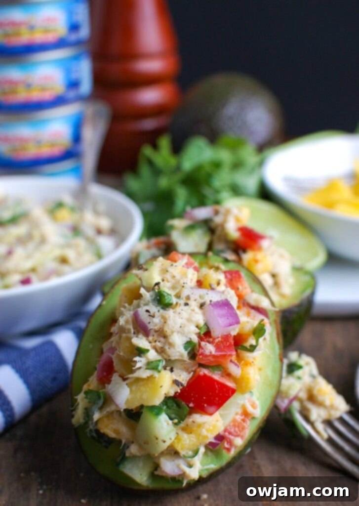 Tropical Tuna Avocado Boats 3 Tropical Tuna Stuffed Avocado is the perfect, quick and healthy lunch at your desk or on-the-go. Fresh mango, cilantro, fresh vegetables and lime juice is mixed with Sold White Albacore Tuna and Greek Yogurt and then stuffed in a delicious avocado.