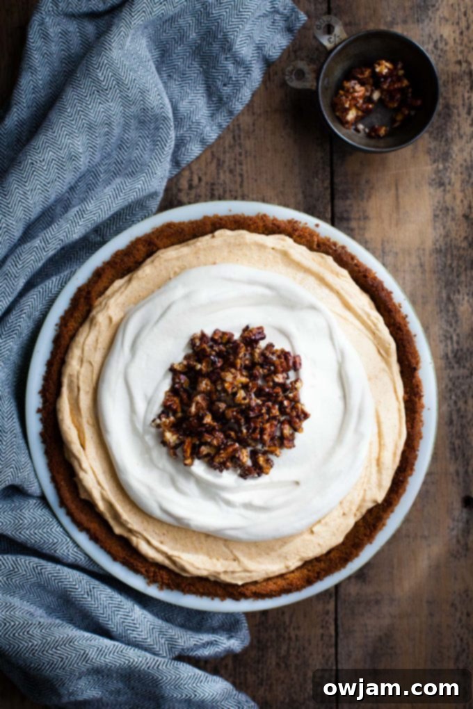 Almost No-Bake Pumpkin Cheesecake Mousse Pie garnished with whipped cream and spices.
