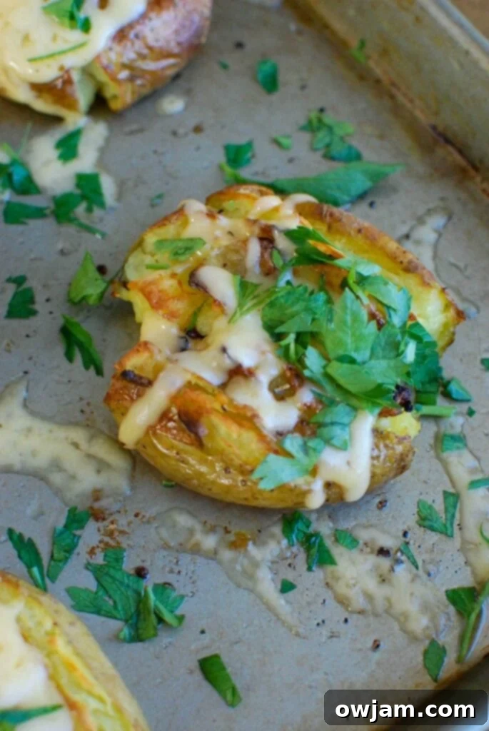 Creamy Gouda Smashed Potatoes 3 Golden potatoes are drizzled with olive oil and garlic and baked until crispy and then topped with gouda and warmed until the cheese is warm and melted. Gouda Smashed Potatoes are the perfect holiday side dish that will impress your guests.