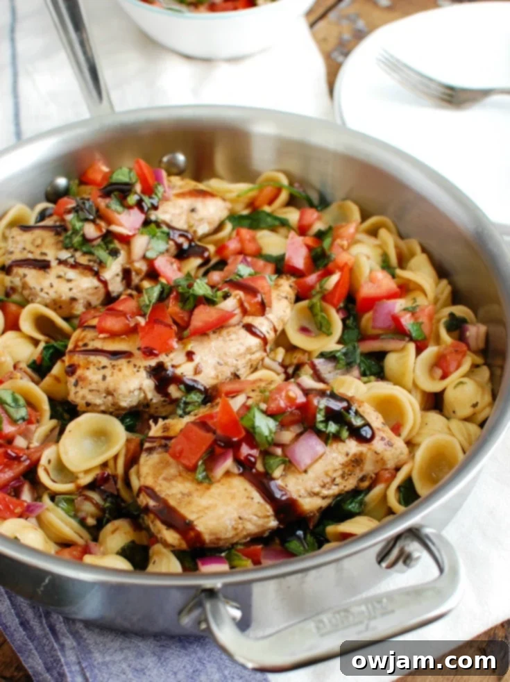 Fresh Bruschetta Chicken Pasta 2 Bruschetta Chicken Orecchiette Pasta is a light and healthy dish, perfect for spring or summer. Boneless skinless chicken breasts are coated with a balsamic vinegar sauce and cooked in a skillet, topped with a fresh bruschetta mixture and paired with orecchiette pasta.