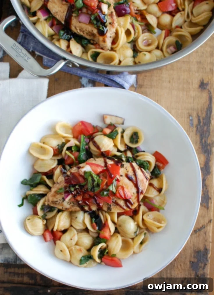 Fresh Bruschetta Chicken Pasta 3 Bruschetta Chicken Orecchiette Pasta is a light and healthy dish, perfect for spring or summer. Boneless skinless chicken breasts are coated with a balsamic vinegar sauce and cooked in a skillet, topped with a fresh bruschetta mixture and paired with orecchiette pasta.