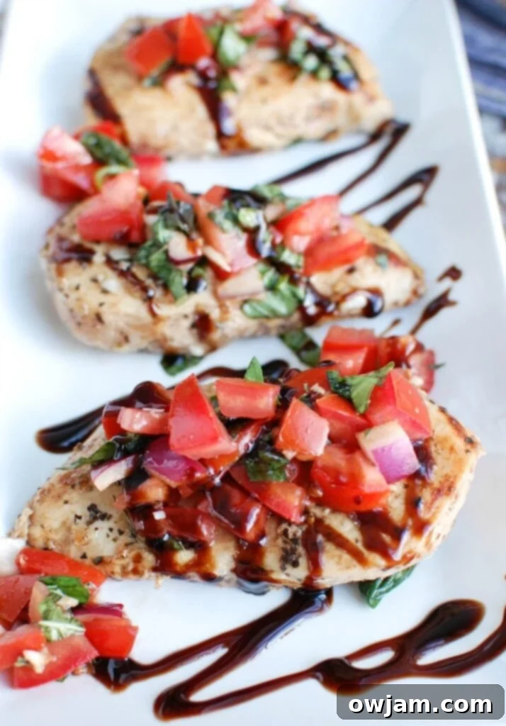Fresh Bruschetta Chicken Pasta 5 Bruschetta Chicken Orecchiette Pasta is a light and healthy dish, perfect for spring or summer. Boneless skinless chicken breasts are coated with a balsamic vinegar sauce and cooked in a skillet, topped with a fresh bruschetta mixture and paired with orecchiette pasta.