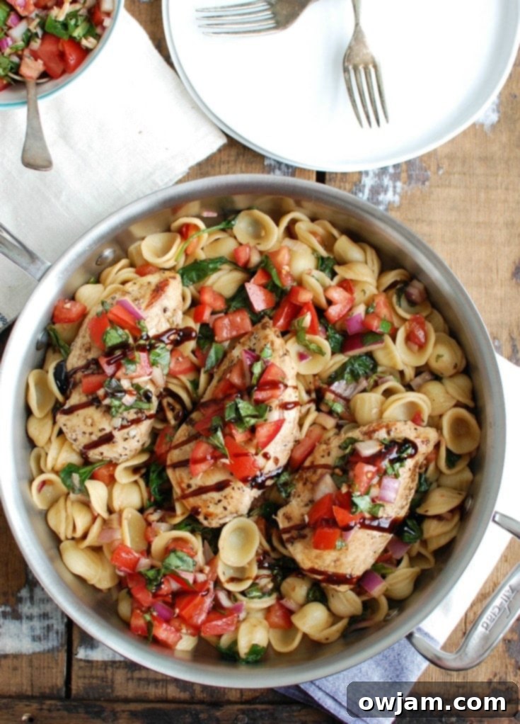 Fresh Bruschetta Chicken Pasta 6 Bruschetta Chicken Orecchiette Pasta is a light and healthy dish, perfect for spring or summer. Boneless skinless chicken breasts are coated with a balsamic vinegar sauce and cooked in a skillet, topped with a fresh bruschetta mixture and paired with orecchiette pasta.