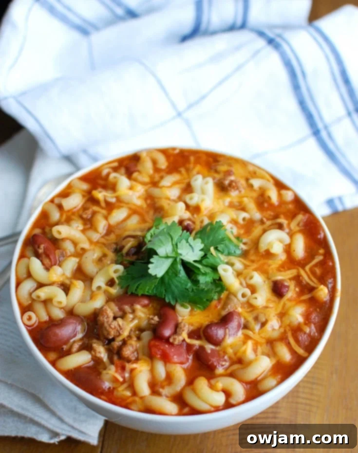 Delicious Crock-Pot Turkey Chili Mac and Cheese served in a bowl, perfect for cold weather comfort.