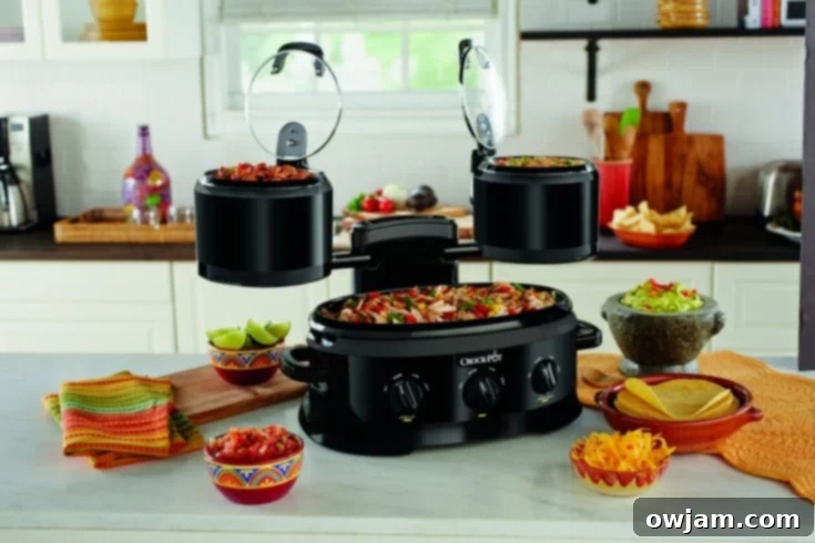 The innovative Swing and Serve™ Crock-Pot® appliance with multiple cooking crocks.