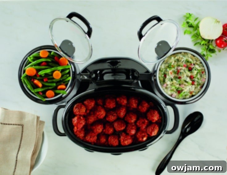 Swing and Serve™ Crock-Pot® in action, showing the three crocks.