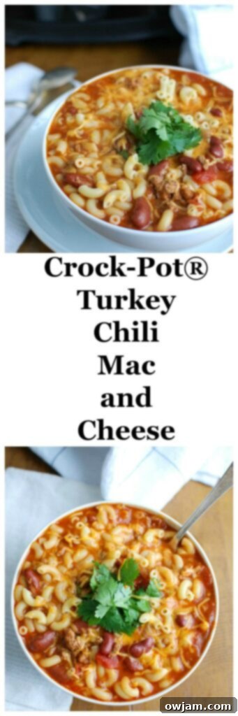 A collage of Crock-Pot Turkey Chili Mac and Cheese images, showcasing the dish and its ingredients.