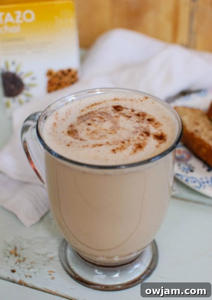 This easy, Homemade Chai Tea Latte is the perfect fall drink to warm you up and keep you cozy. The rich, warm spices of chai tea are made creamy and thick using your favorite milk of choice along with cinnamon, cloves, ginger and nutmeg.