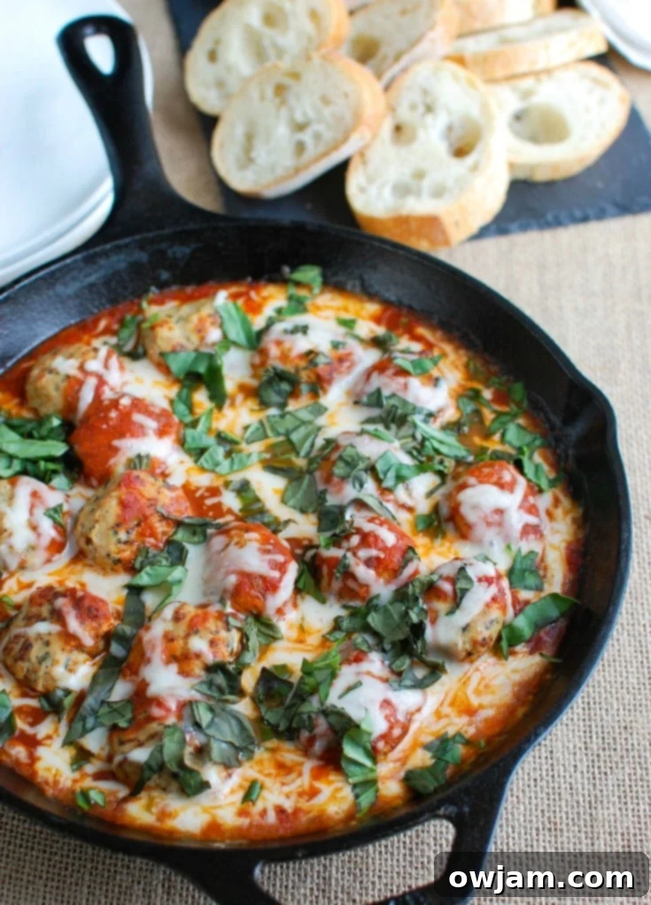 One-Pan Tomato Basil Meatballs 5 A closer view of the warm Skillet Tomato Basil Meatballs in a cast iron skillet, showcasing the rich sauce and perfectly cooked meatballs. Perfect for an easy party snack.