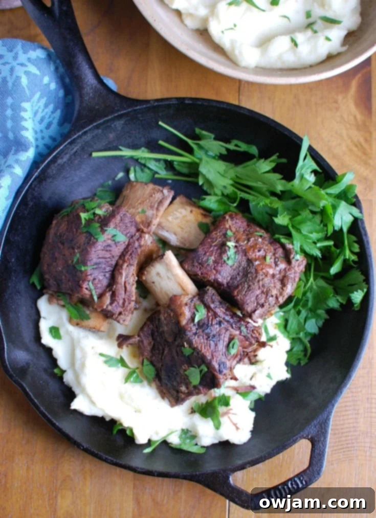 Effortlessly Elegant Red Wine Slow Cooker Ribs 3 Plated Slow Cooker Red Wine Short Ribs with sauce and fresh herbs, ready to be served.