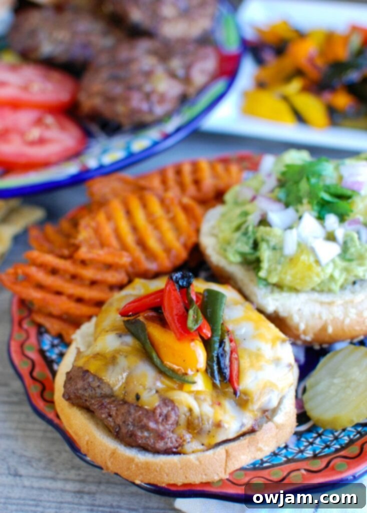 Southwestern Fiesta Burger with Sweet Guacamole 4 An array of ingredients including ground beef, green chiles, and spices for Southwestern burgers, alongside avocados and pineapple for sweet guacamole.