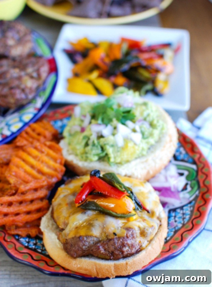 Southwestern Fiesta Burger with Sweet Guacamole 5 Ingredients for the Southwestern hamburger patties and sweet guacamole laid out on a wooden cutting board.