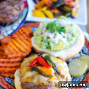 Southwestern Fiesta Burger with Sweet Guacamole 6 A delicious Southwestern hamburger with sweet guacamole, perfect for a summer gathering.