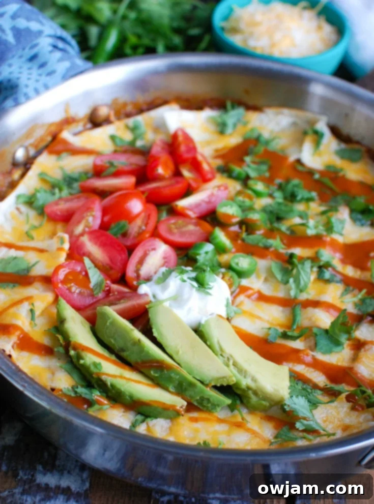 Beef Enchilada Casserole with fresh avocado slices and cilantro