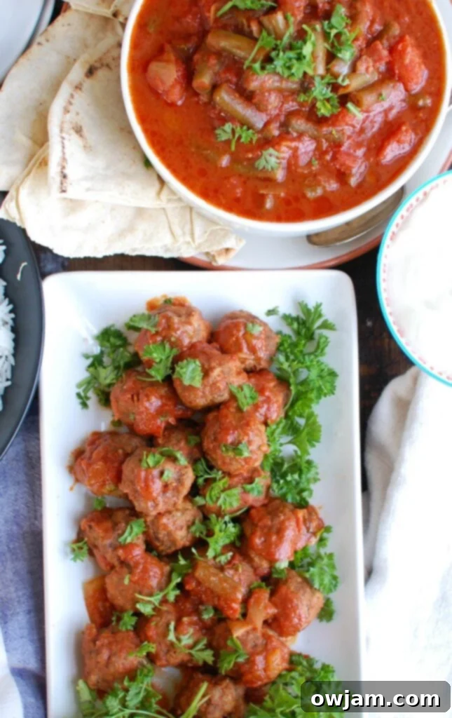 Savory Mediterranean Slow Cooker Beef Meatballs 6 Slow Cooker Mediterranean Beef Meatballs with Lebanese Green Beans ready to be served.