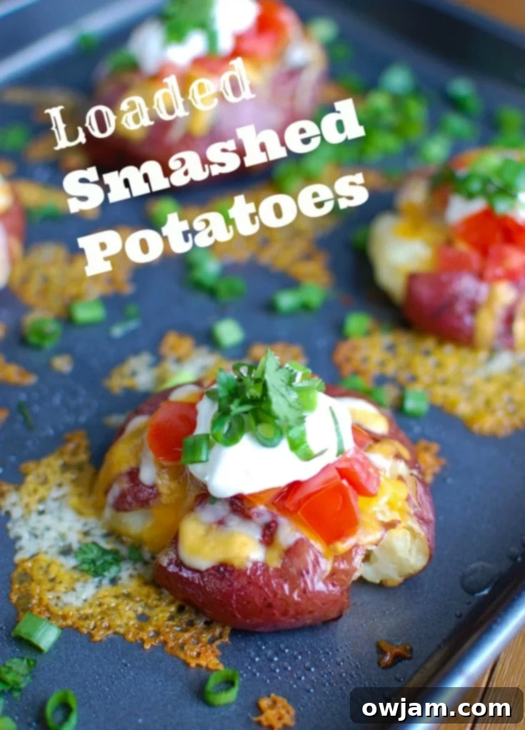 Crispy Loaded Smashed Spuds 2 Loaded Smashed Potatoes are crispy on the outside and soft on the inside and loaded with cheese, sour cream, tomatoes, green onion and cilantro. These make an easy family meal or appetizer for game day or a party!