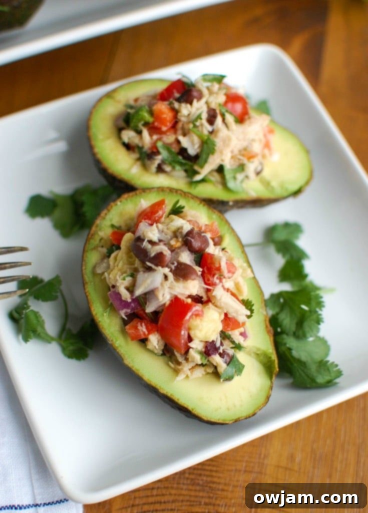 Zesty Mexican Tuna Avocado Boats 2 Mexican Tuna Stuffed Avocados combines tuna, black beans, fresh vegetables, lime juice, and spices to create a healthy and easy snack or lunch that is also heart-healthy and delicious.