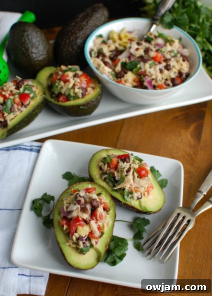 Zesty Mexican Tuna Avocado Boats 5 Mexican Tuna Stuffed Avocados mixes tuna, black beans, fresh vegetables, lime juice and spices to create a healthy and easy snack or lunch that is also heart healthy.