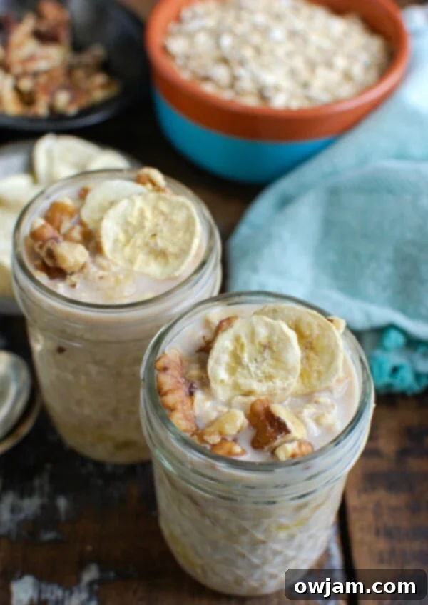 Wake Up to Banana Bread Oatmeal 2 Put your Overnight Banana Bread Oatmeal in the fridge overnight and wake up to a delicious, healthy breakfast. Oats are soaked in milk and mixed with mashed bananas, honey and vanilla and topped with cinnamon, walnuts and freeze dried bananas.
