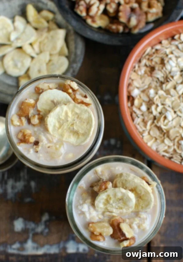 Wake Up to Banana Bread Oatmeal 3 Put your Overnight Banana Bread Oatmeal in the fridge overnight and wake up to a delicious, healthy breakfast. Oats are soaked in milk and mixed with mashed bananas, honey and vanilla and topped with cinnamon, walnuts and freeze dried bananas.