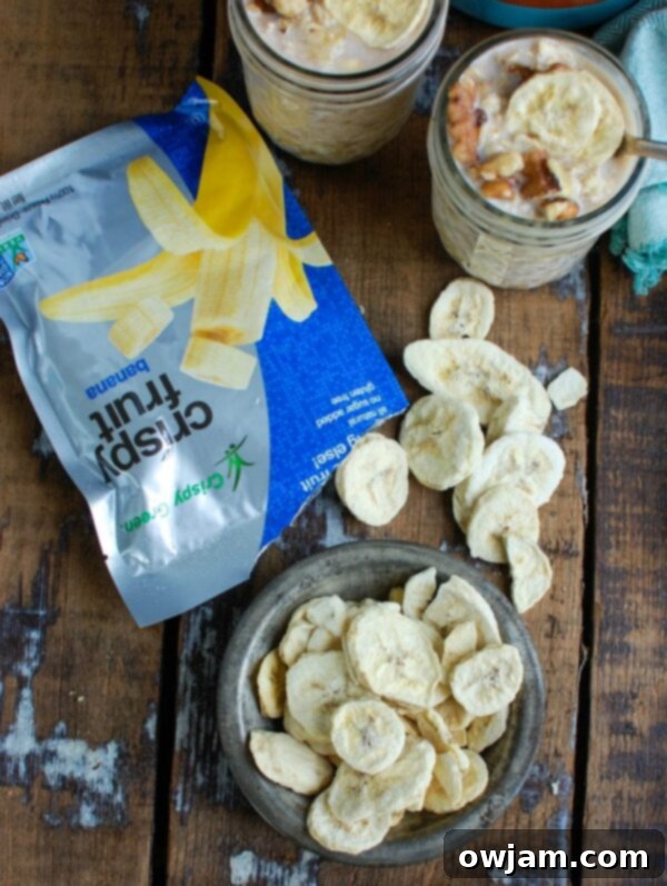 Wake Up to Banana Bread Oatmeal 6 Put your Overnight Banana Bread Oatmeal in the fridge overnight and wake up to a delicious, healthy breakfast. Oats are soaked in milk and mixed with mashed bananas, honey and vanilla and topped with cinnamon, walnuts and freeze dried bananas.