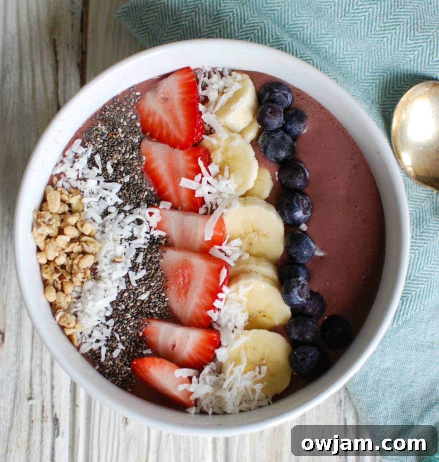 Vibrant Chia Fruit Delight 11 Chia Seeds Fruit Bowl with spoon and napkin.