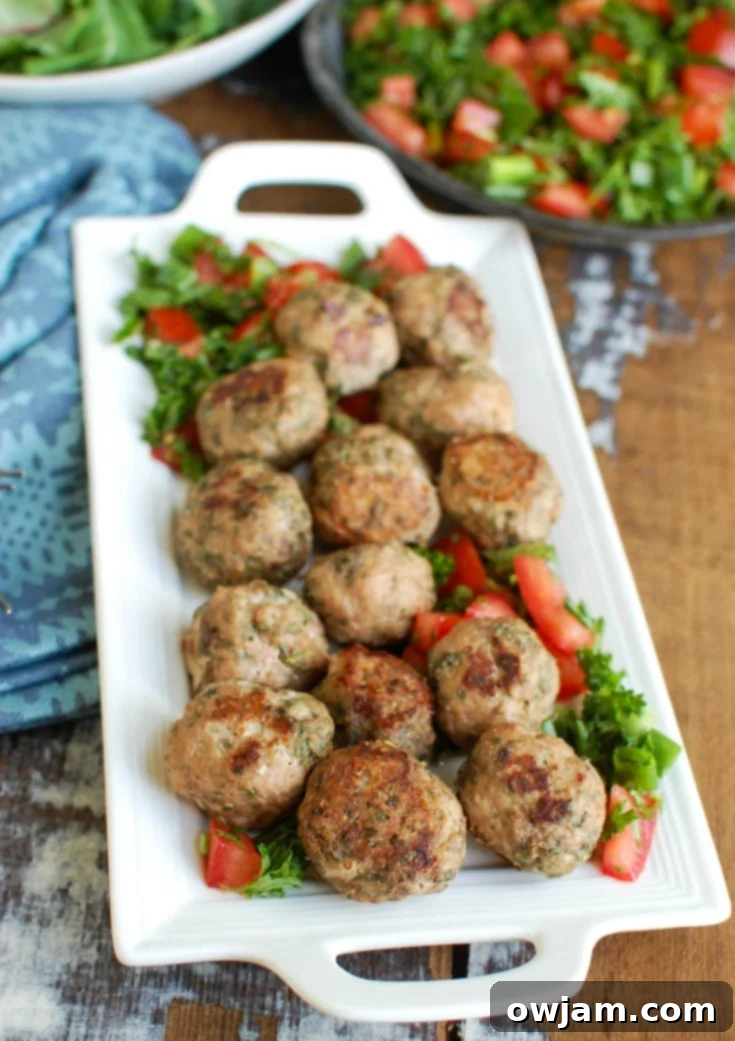 Mediterranean Baked Turkey Meatballs on a platter, ready to be served.