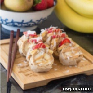 Sweet Banana Sushi Rolls 6 Banana Sushi Rolls with melted peanut butter drizzle and shredded coconut.