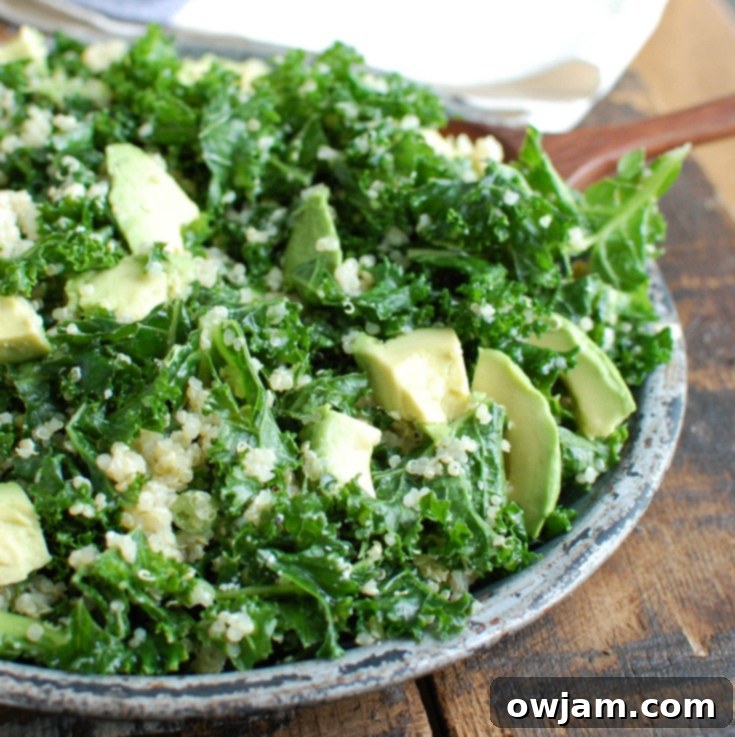 Vibrant Avocado Kale Quinoa Salad 3 Close-up of freshly prepared Avocado Kale Quinoa Salad, showcasing the bright green kale, fluffy quinoa, and chunks of ripe avocado, ready to be enjoyed.