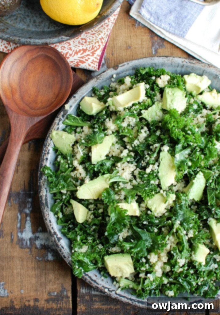 Vibrant Avocado Kale Quinoa Salad 4 A fresh and healthy Avocado Kale Quinoa Salad with a bright lemon dressing, showcasing the vibrant colors and appealing textures of the ingredients. Perfect for a nutritious meal.