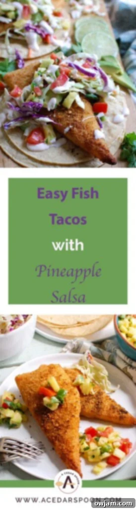 Easy Fish Tacos with Spicy Pineapple Salsa is a quick and easy meal that doesn't lack flavor! These are the perfect way to mix up taco night with baked breaded cod tacos topped with a spicy pineapple salsa and a spicy slaw.