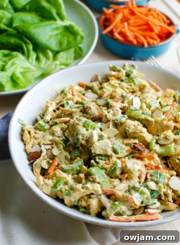 Effortless Curry Chicken Salad 2 A vibrant bowl of Simple Curry Chicken Salad, featuring shredded chicken, golden raisins, shredded carrots, chopped celery, and fresh green herbs, all coated in a creamy, curry-infused dressing. Perfect for a healthy and easy meal.