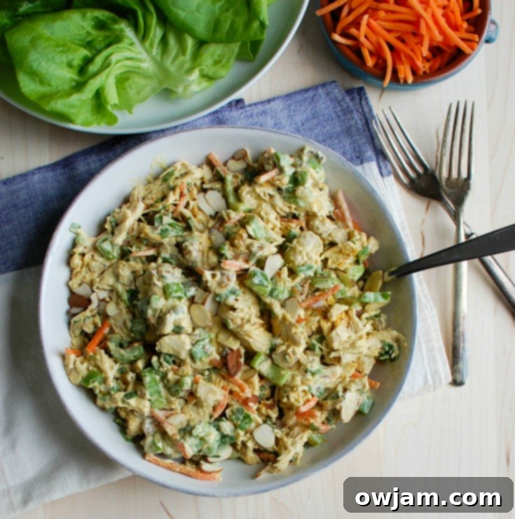 Effortless Curry Chicken Salad 4 A close-up of the prepared Simple Curry Chicken Salad in a bowl, showing the vibrant colors of the ingredients and the creamy, curry-spiced dressing, ready to be served.