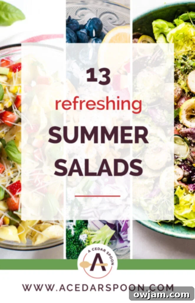 A vibrant collection of 13 refreshing summer salads, perfect for any summer gathering or BBQ.