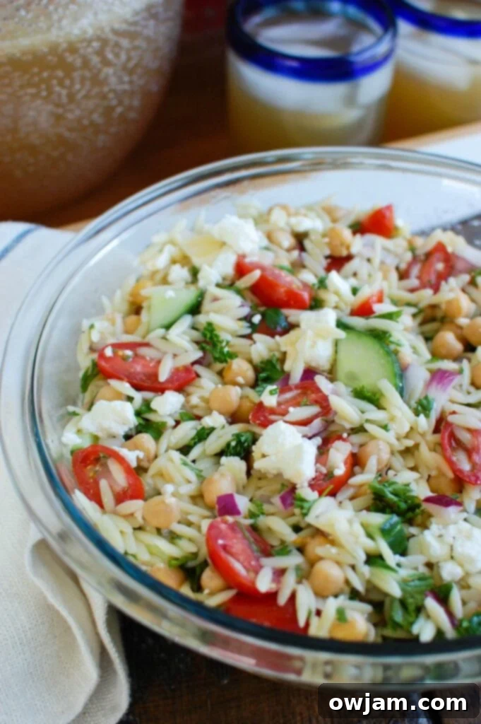 Close-up of a refreshing Summer Orzo Pasta Salad, featuring small pasta, fresh vegetables, and a light dressing.