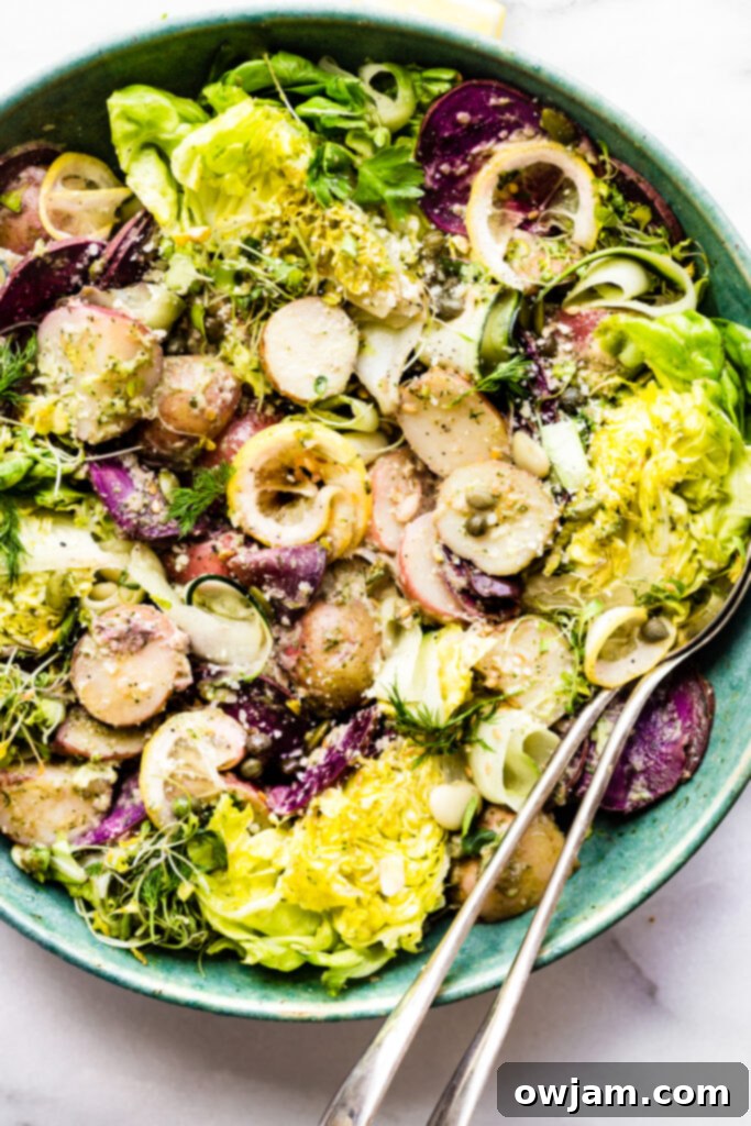 Dill Pesto Potato Wedge Salad, a vegan option with roasted potatoes and fresh pesto.