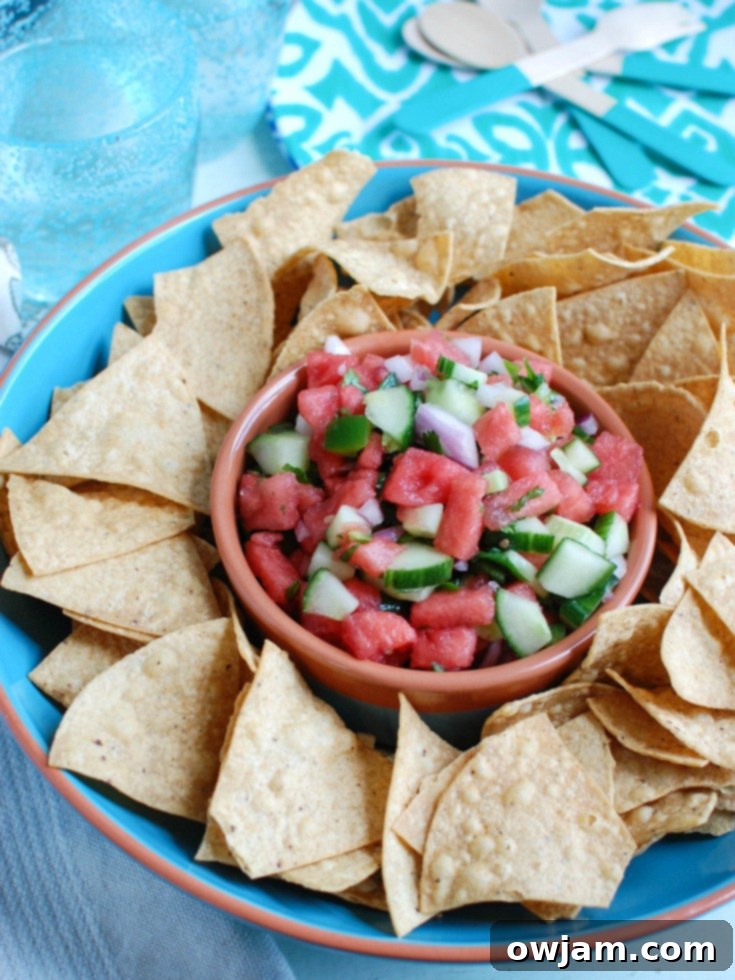 Refreshing Cucumber Salsa 2 Vibrant 5-Ingredient Watermelon Cucumber Salsa with fresh watermelon, crisp cucumber, red onion, cilantro, and lime juice, perfect for summer entertaining or topping grilled dishes.