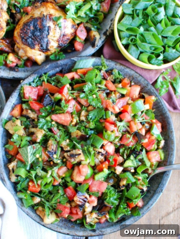 Mediterranean Eggplant Salad mixes grilled eggplant with fresh tomatoes, mint, parsley, green onion, bell pepper and tossed with olive oil, lemon juice, za'atar and crushed red pepper. This is the perfect side salad for a summer BBQ or party or to pair with grilled chicken or fish. 